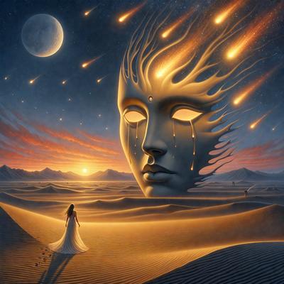 The primary subject of the image is a large, surrealistic face with a tear coming from its eye. The face is made of sand and is situated in a desert-like environment. The visual style of the image is digital art, with a vibrant and surreal atmosphere. The colors are predominantly earth tones, such as brown, orange, and yellow, which contribute to the desert-like setting.